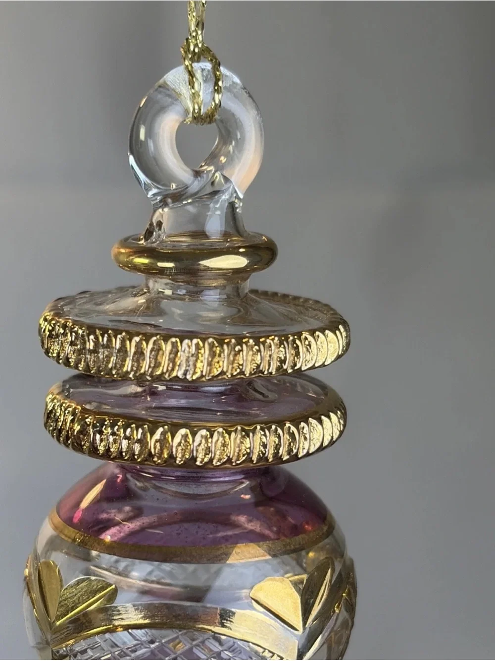 Set of 2 Egyptian Hand Blown Fancy Gold Purple Etched Glass Christmas Ornaments